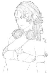 Rule 34 | 1girl, absurdres, alien1452, choker, curly hair, earrings, greyscale, highres, jewelry, long hair, medal, medallion, monochrome, necklace, original, solo