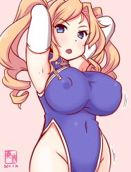 Rule 34 | 1girl, alternate costume, artist logo, blonde hair, blue dress, blue eyes, breasts, china dress, chinese clothes, covered erect nipples, covered navel, cowboy shot, dated, dress, drill hair, elbow gloves, gloves, groin, honolulu (kancolle), kanon (kurogane knights), kantai collection, large breasts, long hair, looking at viewer, one-hour drawing challenge, pink background, simple background, solo, twin drills, white gloves