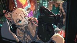 Rule 34 | 1boy, absurdres, animal ears, aqua eyes, backlighting, black pants, blaedic, building, chain-link fence, city, collared jacket, commentary, cyberpunk, english commentary, fence, fox ears, fox tail, furry, furry male, highres, holding, holding phone, jacket, looking at phone, lying, male focus, neon lights, original, pants, phone, shoes, short hair, sign, skyscraper, sleeves past wrists, solo, tail, white hair