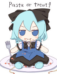Rule 34 | 1girl, absurdres, black bow, black footwear, blue dress, blue eyes, blue hair, bow, cirno, collared shirt, dress, english text, fairy wings, food, food on face, fork, fumo (doll), hair bow, highres, ice, ice wings, kame (kamepan44231), long dress, pasta, pinafore dress, plate, shirt, short hair, simple background, skull ornament, sleeveless dress, smile, solo, touhou, white background, white shirt, wings