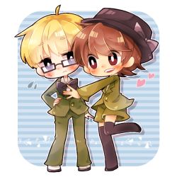 Rule 34 | 3boys, black legwear, blonde hair, blush, brown hair, glasses, hat, heart, jeff andonuts, male focus, mother (game), mother 2, multiple boys, nyaco, open mouth, short hair, shorts, standing, striped, striped background, sweat, thighhighs, tony (mother 2)