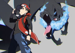 Rule 34 | 1boy, bad id, bad twitter id, badge, baseball cap, black shirt, blue fire, blurry, breath weapon, brown eyes, charizard, clenched hand, closed mouth, coat, creatures (company), dragon, fire, game freak, gen 1 pokemon, grey background, hand on headwear, hat, highres, male focus, mega charizard x, mega pokemon, nintendo, pants, pokemon, pokemon (creature), pokemon masters ex, popped collar, red (pokemon), red (sygna suit) (pokemon), red coat, shirt, short hair, sideways glance, xia (ryugo)