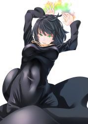 Rule 34 | &gt;:), 1girl, arms up, bad id, bad twitter id, black dress, black hair, breasts, covered navel, cowboy shot, dress, fubuki (one-punch man), green eyes, highres, jewelry, long sleeves, looking at viewer, medium breasts, necklace, one-punch man, shio pasta, short hair, smile, solo, v-shaped eyebrows