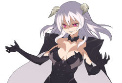 Rule 34 | 1girl, armor, black gloves, breasts, cape, claws, cleavage, collar, demon girl, elbow gloves, female focus, gloves, horns, large breasts, long hair, nora higuma, original, pink eyes, shaded face, simple background, smile, solo, strapless, white background, white hair