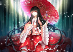 Rule 34 | 1girl, bamboo, bamboo forest, black hair, bow, branch, dress, floral print, forest, frilled shirt, frilled skirt, frilled sleeves, frills, full moon, hatchet, hime cut, houraisan kaguya, jeweled branch of hourai, light particles, long hair, long sleeves, looking at viewer, moon, nata (tool), nature, night, oil-paper umbrella, red eyes, sash, shirt, skirt, solo, stari, touhou, umbrella, very long hair, wide sleeves