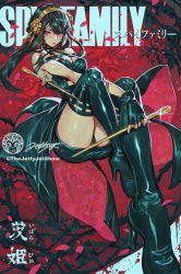 Rule 34 | 1girl, ass, black dress, black hair, breasts, cleavage, dagger, dress, fingerless gloves, flower, full body, gloves, hair between eyes, hair flower, hair ornament, hair up, hairband, high heels, highres, holding, holding weapon, jet kimchrea, knife, large breasts, red eyes, red flower, red rose, rose, sidelocks, solo, spy x family, stiletto (weapon), thighhighs, thorns, weapon, yor briar