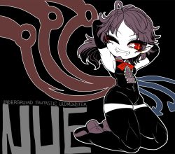 Rule 34 | 1girl, adapted costume, ahoge, armpits, arms behind head, asymmetrical wings, belly, black gloves, black thighhighs, breasts, character name, dress, elbow gloves, english text, eyes visible through hair, fangs, gloves, high heels, houjuu nue, looking to the side, microdress, one eye closed, pumps, red eyes, short hair, skindentation, sleeveless, sleeveless dress, slit pupils, small breasts, solo, thick thighs, thighhighs, thighs, tight clothes, tight dress, touhou, wings, yt (wai-tei), zettai ryouiki