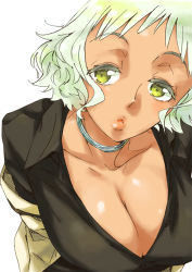 Rule 34 | 1girl, breasts, cleavage, dark-skinned female, dark skin, english text, female focus, green hair, hyakko, jewelry, katou haruaki, large breasts, looking at viewer, necklace, ooba minato, parted lips, raised eyebrows, short hair, simple background, solo, white background, yellow eyes