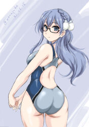 Rule 34 | 1girl, 22/7, ass, back cutout, black-framed eyewear, blue eyes, blue hair, blue one-piece swimsuit, braid, closed mouth, clothing cutout, commentary request, competition swimsuit, cowboy shot, dated, from behind, glasses, hair ornament, highres, long hair, looking at viewer, looking back, maruyama akane, one-piece swimsuit, own hands together, semi-rimless eyewear, smile, solo, standing, swimsuit, twitter username, under-rim eyewear, wan&#039;yan aguda