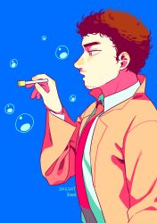 Rule 34 | 1boy, absurdres, afro, blue background, brown eyes, brown hair, brown jacket, blowing bubbles, dated, facial hair, highres, jacket, kani6850, male focus, nanba mutta, necktie, profile, red necktie, shirt, short hair, simple background, solo, stubble, uchuu kyoudai, upper body, white shirt