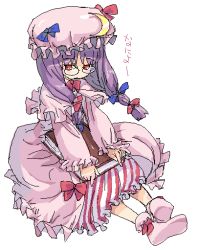 Rule 34 | 1girl, bad id, bad pixiv id, bespectacled, book, crescent, female focus, full body, glasses, hair ribbon, hat, koma (qqq111), long hair, patchouli knowledge, purple hair, ribbon, simple background, sitting, socks, solo, touhou
