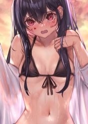 Rule 34 | 1girl, akuma nihmune, arenoyoni, beach, bikini, black bikini, blush, breasts, breasts apart, commission, cropped, ear piercing, embarrassed, front-tie bikini top, front-tie top, hair between eyes, hands up, highres, horizon, indie virtual youtuber, looking at viewer, medium breasts, navel, off shoulder, open mouth, outdoors, piercing, purple hair, red eyes, shirt, skeb commission, sky, solo, stomach, swimsuit, virtual youtuber, wet, white shirt