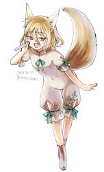 Rule 34 | 1girl, animal ears, blonde hair, blush, boots, breasts, brown footwear, commentary request, corked bottle, dated, fox ears, fox girl, fox tail, full body, green ribbon, hair between eyes, half-closed eyes, holding, kudamaki tsukasa, leaning forward, looking at viewer, medium hair, one-hour drawing challenge, open mouth, proton, ribbon, romper, simple background, sleeve ribbon, small breasts, smile, solo, tail, test tube, touhou, twitter username, white background, white romper, yellow eyes