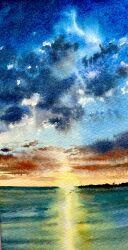 Rule 34 | blue sky, cloud, cloudy sky, highres, horizon, morning, no humans, ocean, original, painting (medium), realistic, reflection, scenery, shibakaka, sky, sun, sunlight, sunrise, traditional media, water
