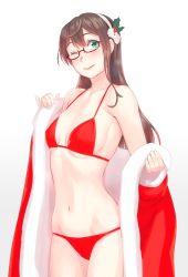 Rule 34 | 1girl, ;), alternate costume, bare shoulders, bikini, breasts, brown hair, coat, cowboy shot, fur-trimmed coat, fur-trimmed sleeves, fur trim, glasses, gradient background, green eyes, hairband, highres, kantai collection, lips, long hair, looking at viewer, navel, one eye closed, ooyodo (kancolle), open clothes, open coat, red-framed eyewear, red bikini, red coat, santa costume, semi-rimless eyewear, single sidelock, small breasts, smile, solo, standing, stomach, straight hair, string bikini, swimsuit, tareme, thighs, under-rim eyewear, undressing, white background, white hairband, yuuji (and)