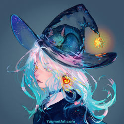 Rule 34 | 1girl, animal, black choker, black hat, black shirt, blue hair, cat, choker, closed mouth, commentary, earrings, english commentary, eyes visible through hair, gradient hair, grey background, hat, highres, jack-o&#039;-lantern, jack-o&#039;-lantern earrings, jewelry, long hair, looking at viewer, multicolored hair, original, see-through, shirt, solo, star (sky), upper body, watermark, web address, white hair, witch hat, yellow eyes, yuumei
