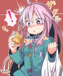 Rule 34 | !, 1girl, ahoge, bag, blue shirt, blush, bow, bowtie, brown background, collared shirt, commentary request, cream puff, eating, food, furorina, hair between eyes, hata no kokoro, holding, holding bag, holding food, long hair, long sleeves, nose blush, pink bow, pink bowtie, pink eyes, pink hair, shirt, sidelocks, solo, sparkling eyes, star (symbol), touhou, upper body