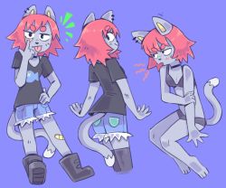 Rule 34 | 1girl, absurdres, animal ears, ass, bandaid, blue background, blush, boots, breasts, cat, cat ears, choker, denim, ear piercing, female focus, furry, furry female, graskip, highres, looking at viewer, multiple views, original, piercing, red hair, shirt, short hair, short shorts, shorts, small breasts, smile, tail, thick eyebrows, tongue, tongue out