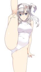 Rule 34 | 1girl, covered navel, cowboy shot, feet out of frame, headband, kantai collection, legs, leotard, long hair, looking at viewer, nakadori (movgnsk), one-piece swimsuit, one side up, silver hair, simple background, solo, split, spread legs, standing, standing on one leg, standing split, suzutsuki (kancolle), swimsuit, white background, white headband, white leotard