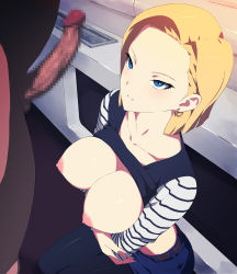 Rule 34 | 1girl, android 18, blonde hair, blue eyes, bob cut, breast hold, breasts, breasts out, censored, clothed female nude male, clothes lift, dragon ball, dragonball z, earrings, erection, hoop earrings, jewelry, kneeling, large breasts, long sleeves, mosaic censoring, nipples, no bra, nude, penis, quadrastate, raglan sleeves, serious, shirt lift, short hair, skirt, solo focus