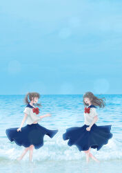 Rule 34 | 2girls, :d, ^ ^, absurdres, barefoot, beach, blue sailor collar, blue skirt, blue sky, blunt bangs, bow, bowtie, brown hair, closed eyes, commentary request, day, floating hair, from side, highres, horizon, lens flare, long hair, multiple girls, ocean, open mouth, original, outdoors, ponytail, profile, red bow, red bowtie, sailor collar, sakamomo, school uniform, serafuku, shirt, short sleeves, skirt, sky, smile, standing, walking, water, white shirt