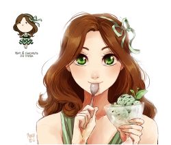 Rule 34 | 1girl, bare arms, blush, brown hair, chibi, cup, dress, eating, food, food-themed clothes, frills, green dress, green eyes, hair ribbon, holding, ice cream, long hair, looking at viewer, meago, original, personification, ribbon, signature, simple background, sketch, smile, solo, spoon, upper body, wavy hair
