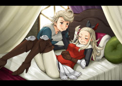 Rule 34 | 1boy, 1girl, bed, blonde hair, boots, bow, bravely default: flying fairy, bravely default (series), breasts, closed mouth, edea lee, closed eyes, gloves, hair bow, long hair, lying, nicola, pillow, ringabel, skirt, sleeping, smile