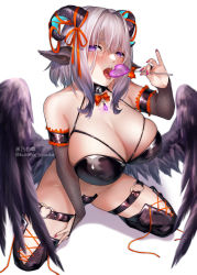 Rule 34 | 1girl, absurdres, animal ears, bare shoulders, bikini, bikini top only, black bikini, black footwear, black wings, blush, boots, bottomless, bow, breasts, bridal gauntlets, candy, cleavage, feathered wings, fingernails, food, full body, grey hair, halloween, heart, heart of string, highres, holding, holding food, horns, kneeling, kurono hyouka, large breasts, lollipop, long fingernails, looking at viewer, maebari, nail polish, open mouth, original, pink nails, purple eyes, red bow, short hair, simple background, skindentation, solo, swimsuit, thigh boots, thigh strap, tongue, tongue out, twitter username, white background, wings