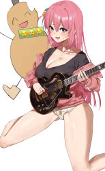 Rule 34 | 1girl, absurdres, bare legs, black shirt, blush, bocchi the rock!, breast lift, breasts, cleavage, cube hair ornament, electric guitar, emoji, feipin zhanshi, gotoh hitori, green eyes, guitar, hair between eyes, hair ornament, highres, instrument, jacket, large breasts, long hair, looking at viewer, no pants, open mouth, panties, pink hair, pink jacket, shirt, simple background, sitting, smile, solo focus, speech bubble, spoken emoji, sweat, thighs, track jacket, underwear, v-neck, wariza, white background