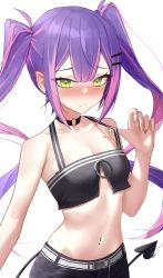 Rule 34 | 1girl, absurdres, bare arms, bare shoulders, belt, black choker, black pants, black tank top, blush, breasts, choker, cleavage, closed mouth, collarbone, colored inner hair, commentary request, crop top, demon girl, demon tail, ear blush, ear piercing, green eyes, hair ornament, hairclip, hand up, highres, hololive, long hair, looking at viewer, midriff, multicolored hair, multicolored nails, nail polish, navel, navel piercing, nose blush, o-ring, o-ring choker, pants, piercing, pink hair, pink nails, pointy ears, purple hair, sidelocks, simple background, small breasts, solo, standing, stomach, strap pull, streaked hair, tail, tail ornament, tail piercing, tank top, toi1et paper, tokoyami towa, twintails, virtual youtuber, white background, white belt, yellow nails