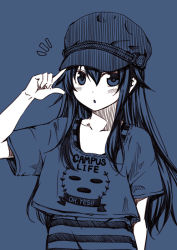 Rule 34 | 10s, 1girl, :o, akatsuki (kancolle), alternate costume, blue theme, blush, cabbie hat, casual, chestnut mouth, clothes writing, contemporary, english text, hand on headwear, hat, kantai collection, kouji (campus life), long hair, looking at viewer, monochrome, open mouth, shirt, simple background, solo, striped clothes, striped shirt
