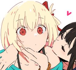 Rule 34 | 2girls, absurdres, arm over head, atenaba, black hair, blonde hair, bracelet, closed eyes, closed mouth, commentary, facing another, hair between eyes, hair ribbon, hand on another&#039;s cheek, hand on another&#039;s face, hand on another&#039;s shoulder, heart, highres, imminent kiss, inoue takina, jewelry, long hair, lycoris recoil, multiple girls, nishikigi chisato, red eyes, red ribbon, ribbon, short hair, simple background, upper body, white background, yuri