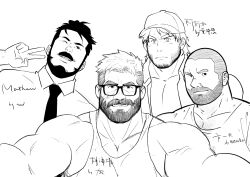 Rule 34 | 4boys, absurdres, asgar (youtian), bara, baseball cap, beard, beard stubble, borrowed character, buzz cut, character request, facial hair, glasses, greyscale, hat, highres, ji peng gou you, large pectorals, looking at viewer, male focus, mature male, monochrome, multiple boys, muscular, muscular male, mustache, original, pectorals, seductive smile, short hair, sketch, smile, stubble, thick eyebrows, thick mustache, thick neck, upper body, v, very short hair, youtian (youtiange)