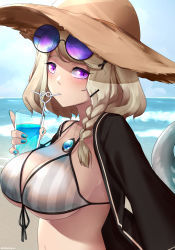 Rule 34 | 1girl, arknights, bikini, black jacket, blonde hair, blue nails, braid, breasts, brown hat, cleavage, cup, drink, drinking glass, drinking straw, eyewear on head, front-tie bikini top, front-tie top, hat, highres, holding, holding cup, jacket, large breasts, long sleeves, looking at viewer, nail polish, official alternate costume, open clothes, open jacket, outdoors, purple eyes, round eyewear, short hair, side braid, solo, strap gap, straw hat, string bikini, striped bikini, striped clothes, sunglasses, swimsuit, swimsuit cover-up, tail, upper body, utage (arknights), utage (summer flowers) (arknights), wakamepiza, white bikini