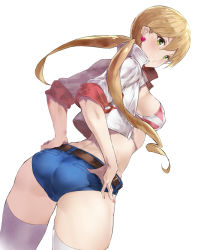Rule 34 | 1girl, ass, back, belt, bikini, bikini top only, blonde hair, blue shorts, blush, breasts, covered erect nipples, cowboy shot, cropped jacket, earrings, eyelashes, floating hair, from side, green eyes, gundam, gundam tekketsu no orphans, hair between eyes, hands on own hips, heart, heart earrings, highres, jacket, jewelry, lafter frankland, legs apart, long hair, looking at viewer, low twintails, medium breasts, nail polish, o3o, open clothes, open jacket, pink nails, shade, short shorts, shorts, skin tight, sleeves rolled up, solo, striped bikini, striped bikini top, striped clothes, swimsuit, thighhighs, tokopi, twintails, white jacket, white thighhighs