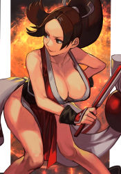 Rule 34 | 1girl, bent over, breasts, brown eyes, cleavage, fatal fury, forehead, hand fan, hungry clicker, large breasts, lips, long hair, looking to the side, pelvic curtain, ponytail, revealing clothes, shiranui mai, smile, snk, solo, the king of fighters, thighs