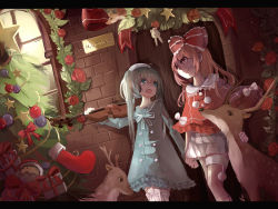 Rule 34 | 2girls, bad id, bad pixiv id, christmas, christmas tree, deer, door, dress, holding hands, hat, hatsune miku, instrument, letterboxed, long hair, megurine luka, mimo, multiple girls, open mouth, twintails, violin, vocaloid, window