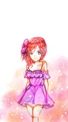 Rule 34 | 1girl, arms behind back, artist name, artist request, bare shoulders, blush, breasts, cleavage, collarbone, dress, female focus, flower, frilled dress, frills, hair between eyes, hair flower, hair ornament, highres, looking at viewer, love live!, love live! school idol project, nishikino maki, parted lips, purple dress, purple eyes, purple flower, purple skirt, red hair, short hair, skirt, smile, solo
