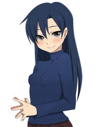 Rule 34 | 1girl, blue hair, blue sweater, blush, breasts, brown eyes, brown pants, closed mouth, highres, idolmaster, idolmaster (classic), jewelry, kisaragi chihaya, konboi-eg, long hair, long sleeves, looking at viewer, own hands together, pants, ribbed sweater, ring, simple background, small breasts, smile, solo, sweater, upper body, wedding band, white background