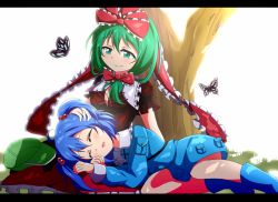 Rule 34 | 2girls, blue hair, bow, bug, butterfly, bwell, front ponytail, green eyes, green hair, hair bobbles, hair bow, hair ornament, hand on head, hat, unworn hat, headpat, unworn headwear, insect, kagiyama hina, kawashiro nitori, lap pillow, letterboxed, long sleeves, lying, multiple girls, on side, puffy short sleeves, puffy sleeves, shirt, short sleeves, sitting, skirt, sleeping, smile, touhou, tree, twintails, two side up