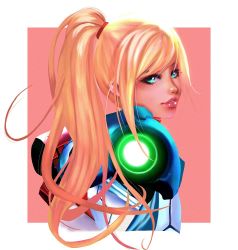 Rule 34 | 1girl, arm cannon, armor, blonde hair, blue eyes, kittymiya, long hair, looking at viewer, metroid, metroid dread, mole, mole under mouth, nintendo, ponytail, power armor, power suit, samus aran, science fiction, simple background, solo, upper body, weapon