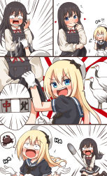 Rule 34 | 2girls, asashio (kancolle), bird, black hair, blonde hair, blue eyes, blue sailor collar, chasing, clothes lift, comic, comiching, commentary request, crab, crane (animal), dress, dress lift, dress shirt, emphasis lines, gloves, hat, highres, jervis (kancolle), kantai collection, long hair, long sleeves, mahjong, mahjong tile, multiple girls, neck ribbon, pinafore dress, red-crowned crane, red ribbon, ribbon, sailor collar, sailor dress, sailor hat, shirt, sleeveless, sleeveless dress, torpedo, troll face, trolling, white dress, white gloves, white headwear, white shirt