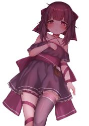 Rule 34 | 1girl, arm ribbon, bare shoulders, blush, chocolate, choker, commentary, dress, english commentary, fallenshadow, flat chest, food-themed ornament, highres, indie virtual youtuber, john zhang, leg ribbon, looking at viewer, off-shoulder dress, off shoulder, pink eyes, pout, purple dress, purple hair, ribbon, short hair, simple background, single thighhigh, single wrist cuff, solo, thighhighs, virtual youtuber, white background, wrist cuffs, wrist ribbon
