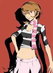 Rule 34 | 1girl, breasts, brown hair, casual, cleavage, commentary, crop top, dh (brink of memories), hand on own hip, highres, lips, md5 mismatch, medium breasts, midriff, navel, persona, persona 3, scarf, short hair, skirt, solo, stomach, striped clothes, striped scarf, takeba yukari