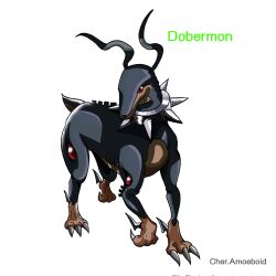 Rule 34 | digimon, digimon (creature), dobermon, dog, highres, looking at viewer, red eyes, solo, spikes, tail