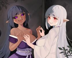 Rule 34 | 2girls, absurdres, bare shoulders, black hair, black sclera, blunt bangs, breasts, cleavage, colored sclera, commission, crying, crying with eyes open, dark-skinned female, dark persona, dark skin, dual persona, highres, japanese clothes, kimono, kumaartsu, large breasts, long sleeves, looking at viewer, monster girl encyclopedia, multiple girls, obi, pointy ears, purple eyes, purple kimono, red eyes, sash, shirohebi (monster girl encyclopedia), sidelocks, smile, tears, thick eyebrows, upper body, white hair, white kimono, wide sleeves