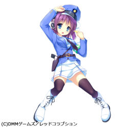 Rule 34 | 1girl, adjusting clothes, adjusting headwear, armband, belt, black necktie, black thighhighs, blue eyes, full body, gun, hat, headphones, holster, looking at viewer, necktie, ochinsama, official art, open mouth, police hat, purple hair, red corruption, shoes, short hair, skirt, solo, standing, thighhighs, uniform, weapon, whistle, white background, white footwear, white skirt