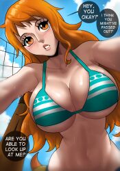 Rule 34 | 1girl, absurdres, bikini, bikini top only, breasts, cleavage, curvy, echo saber, english text, green bikini, highres, huge breasts, large breasts, lips, long hair, looking at another, looking at viewer, nami (one piece), navel, one piece, orange eyes, orange hair, shiny skin, sweat, sweatdrop, swimsuit, very long hair, wide hips
