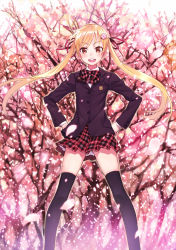 Rule 34 | &gt;:d, 1girl, :d, black thighhighs, blazer, blonde hair, cherry blossoms, hands on own hips, highres, jacket, matsuryuu, open mouth, original, plaid, red eyes, school uniform, smile, solo, thighhighs, twintails, v-shaped eyebrows