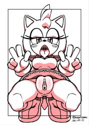 Rule 34 | 1girl, absurdres, aku tojyo, amy rose, bottomless, breasts, highres, medium breasts, pussy, sonic (series), source request, tagme, tongue, tongue out, uncensored, v